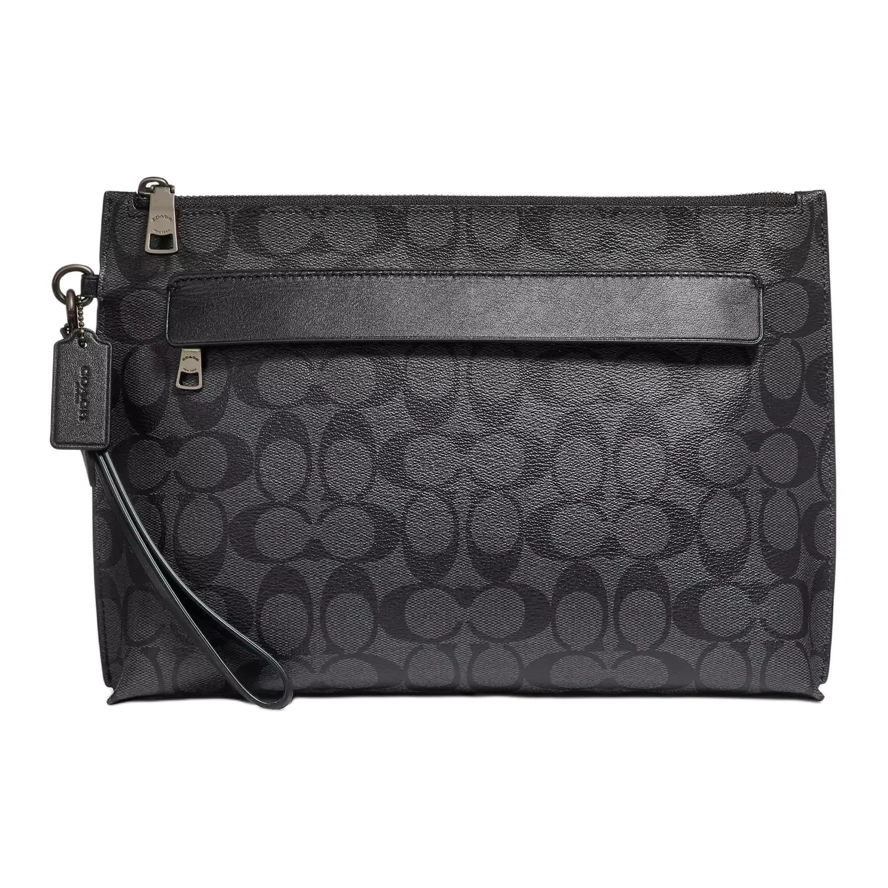 COACH Pouch 30 Classic Logo Print Zippered Clutch Bag for Men – Coated Canvas and Leather, Large Size, Black