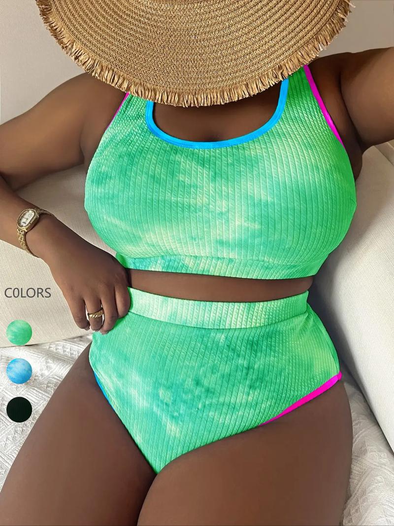 Two-Piece Set Plus Size Women's Tie Dye Print Contrast Binding Tankinis Set, Chic U Neck Swim Top & High Waist Swim Bottom, Women's Summer Outfits 2024, Tankini Bottoms Set