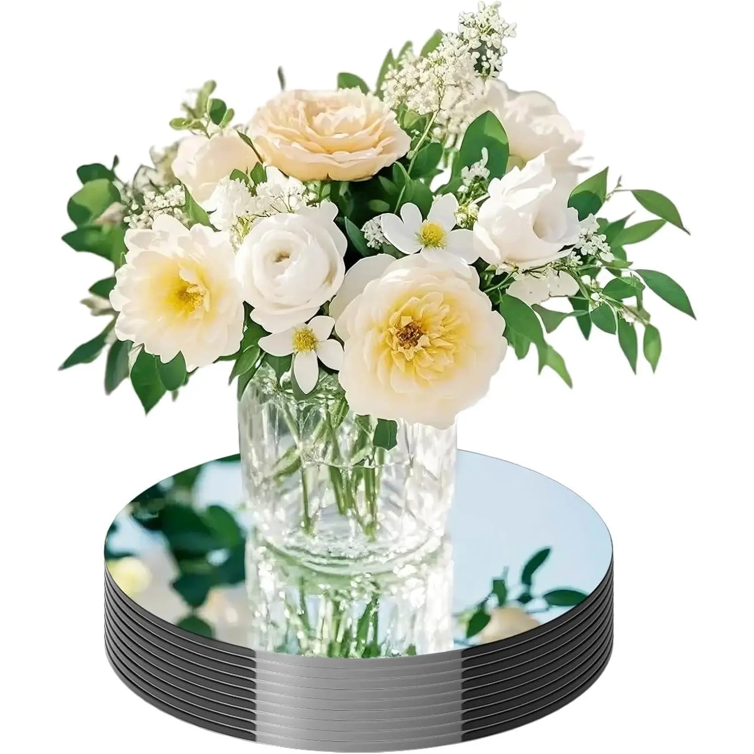 20 Pack Round Mirror Centerpieces for Tables, No Glass AcrylicCircle Mirror Table Centerpieces Mirror Tray Candle Plates for Wedding Table DecorationChristmas Home Decor (8inch)