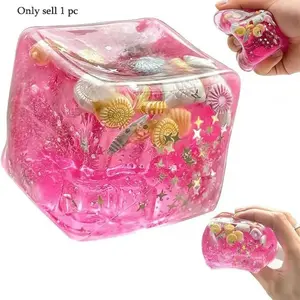 Ice Cube Stress Ball, Slow Rise Sensory Fidget Toy, Contains Ocean Shells, Soft Square Anxiety Relief Cubes, Squishy Sensory Fidgets, for Adults, Teens, Kids