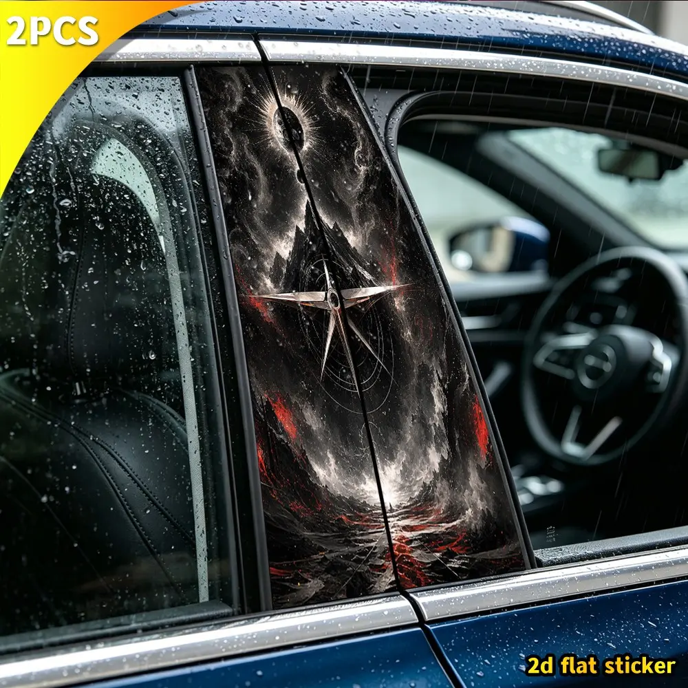 2pcs Metal Starburst Compass Stickers, Waterproof Spiral Nebula Fantasy Art Car Window Pillar Decor, Fits Sedan/suv/pickup