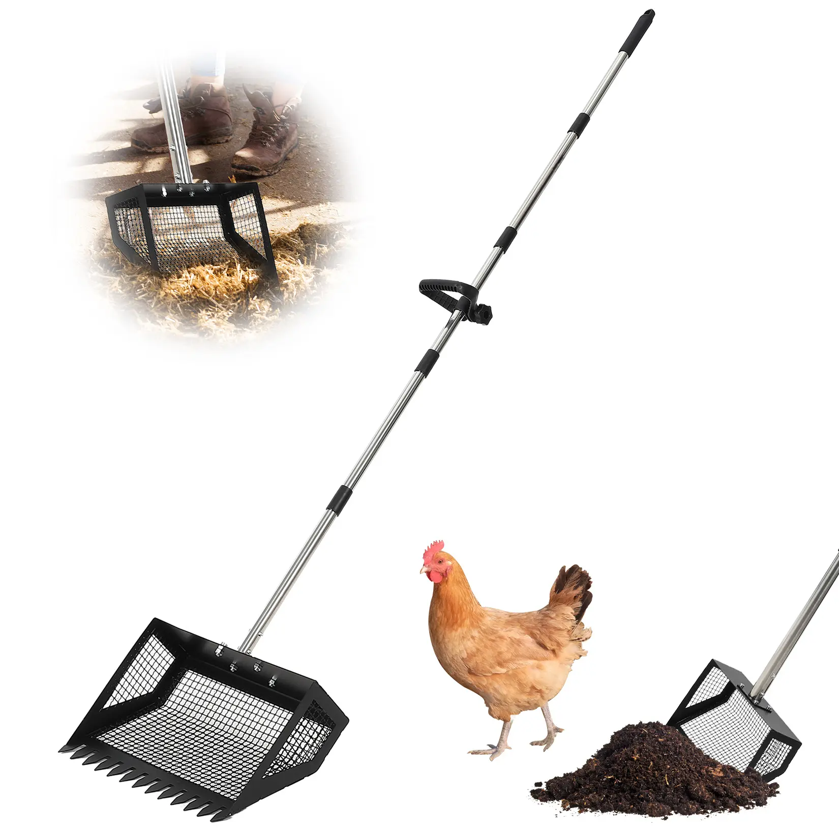 Heavy-Duty Chicken Poop Scooper and Rake 2-in-1 – 15" Wide, Metal Sifting Shovel, Adjustable 24"-68.8" Handle – Efficient Coop and Farm Waste Cleaning Tool
