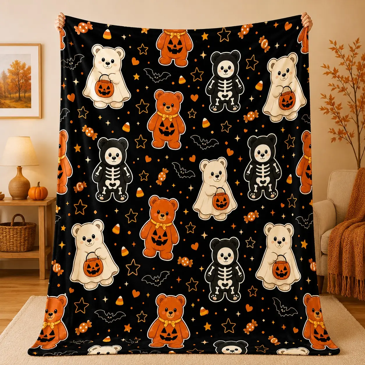 Halloween Teddy Bear Flannel Blanket Includes Ghost Skeleton Pumpkin Costume Bat and Candy Print Soft Lightweight Cozy Throw for Sofa Bedroom Naps and Halloween Gifts