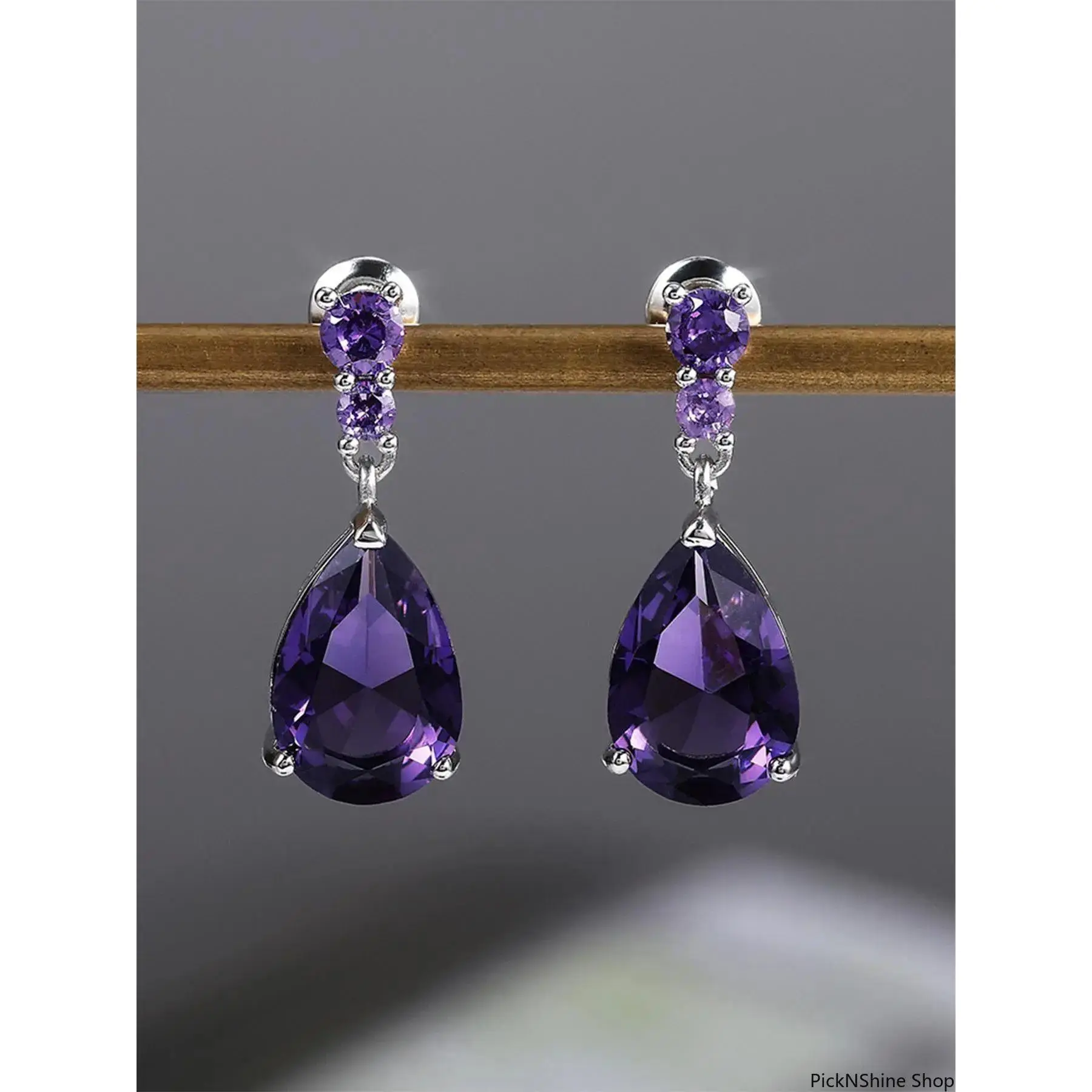 Pear Cut Purple CZ Dangle Earrings for Women, Silver Tone Statement Jewelry for Wedding, Party & Daily Wear, Copper Base, Anniversary, Drop Earrings, Movement, Elegant