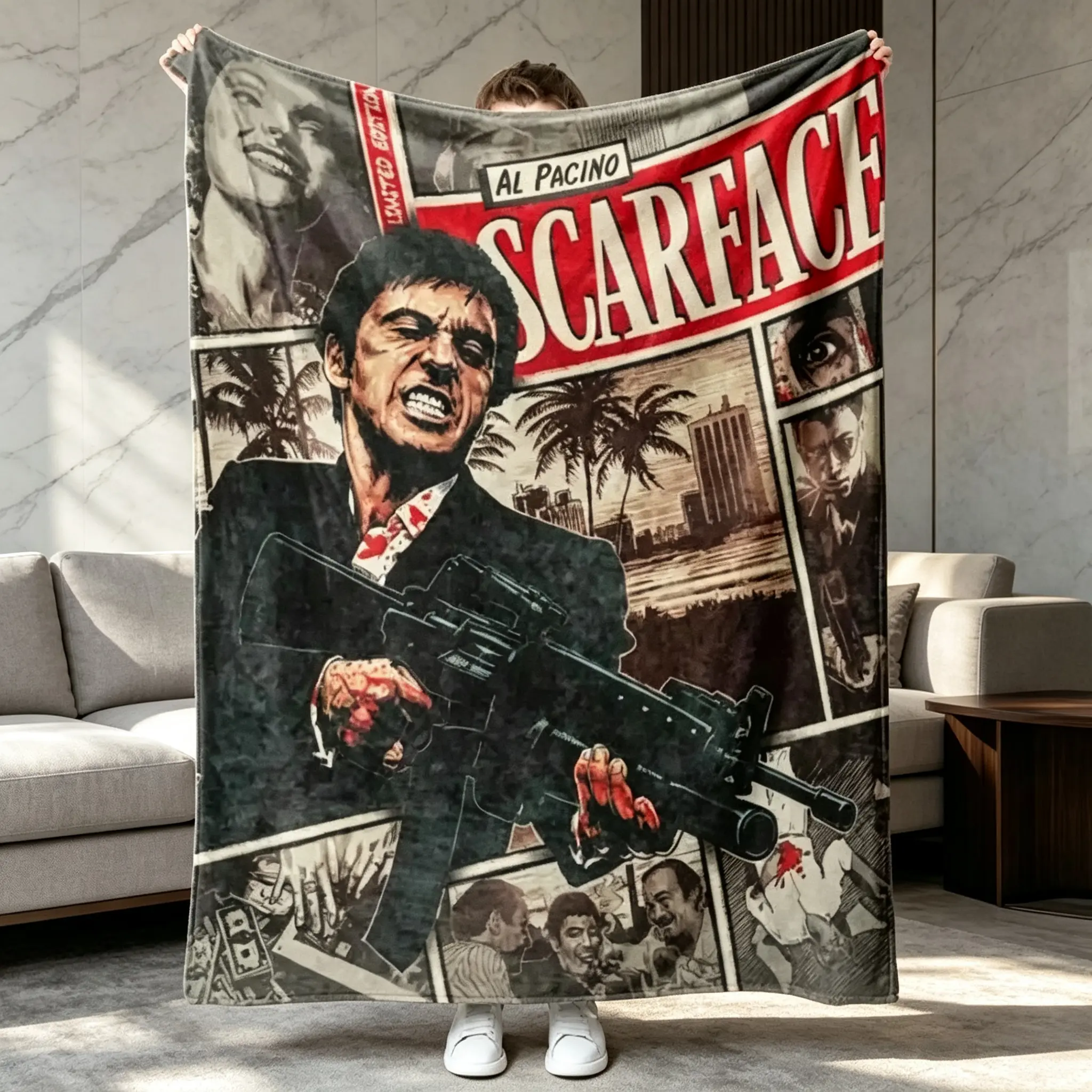 Tony Montana Action Scene Movie Print Flannel Throw Blanket - Multi-Size, Soft Breathable, Aesthetic Room Decor for Bedroom Sofa - Ideal Gift for Men Fans on Birthdays, Christmas, Living Room Decor