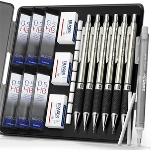 0.5mm Mechanical Pencil Set in Storage Case, 6 count Metal Drafting Pencils with 360 HB Lead Refills, 1 Eraser Pen, 3 count 4B Erasers, 12 Eraser Refills for Student Artist Writing, Drawing, Sketching