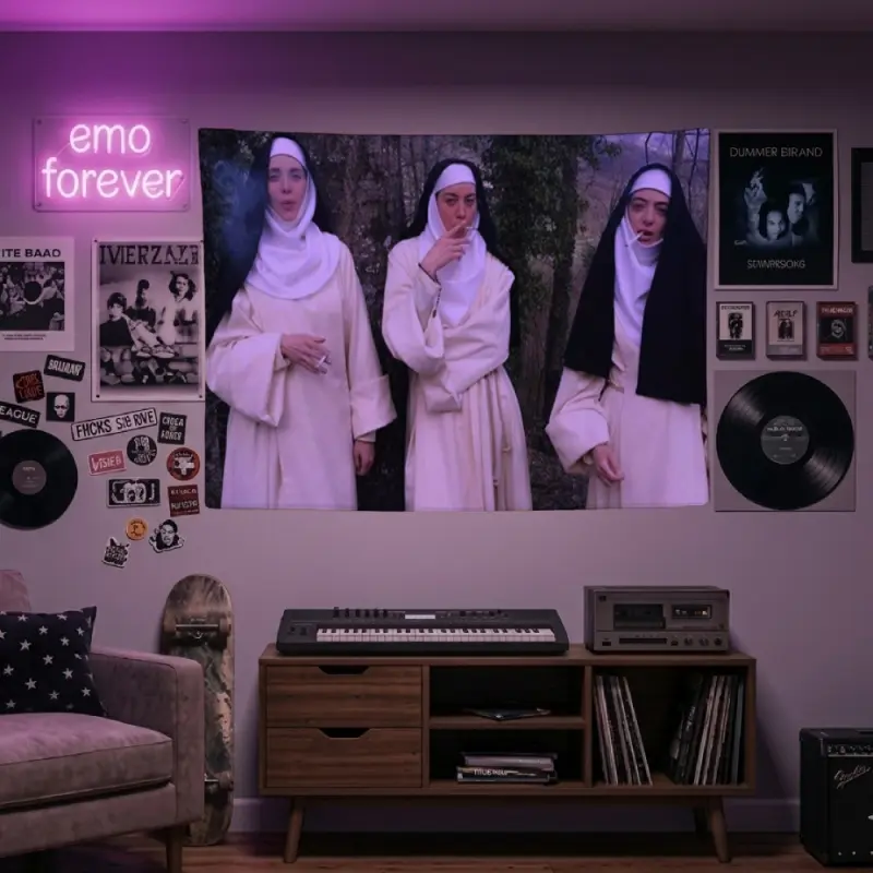 Smoking Nuns Aesthetic Tapestry Vintage Retro Girls Costume Funny Meme Wall Hanging Weird Core Boho Room Decoration College Dorm Party Background Banner Gift
