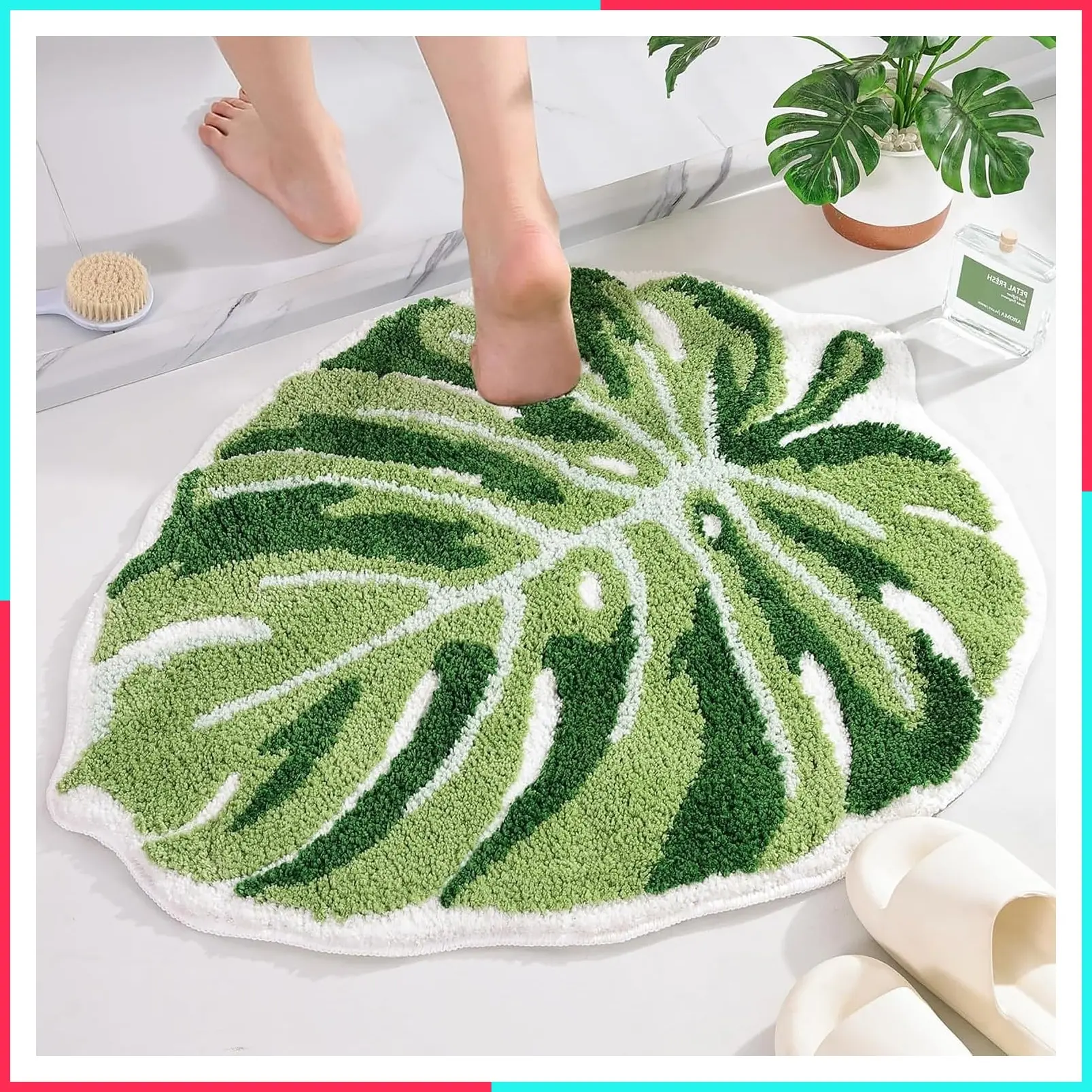 Large Monstera Leaf Shaped Non Slip Plush Mat, Cute Palm Kitchen Bathroom Bathtub Rug, Machine Washable