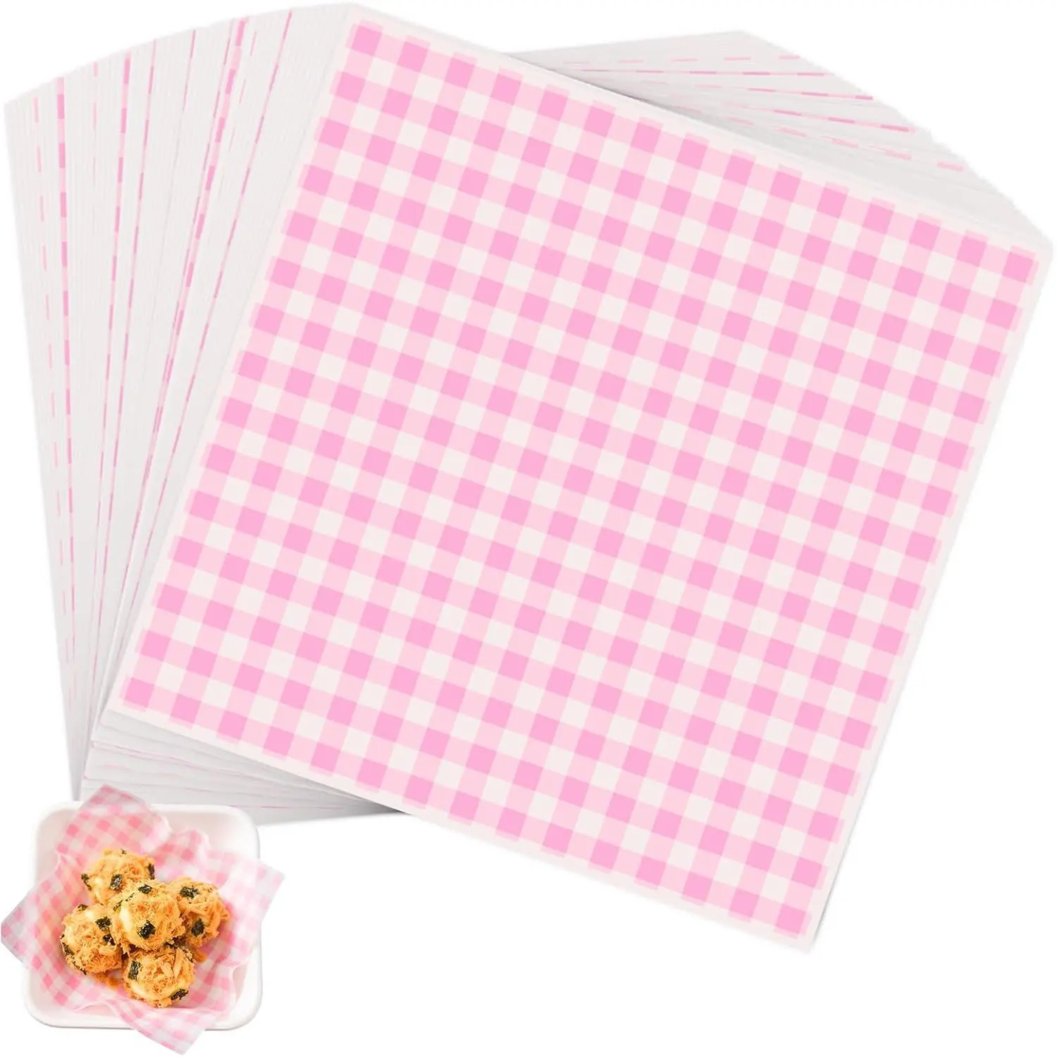 100pcs Waxed Deli Paper Sheets, 7x7" Food Basket Liners for Sandwiches, Burgers. Pink Checkered Deli Wrap Wax Paper Sheets