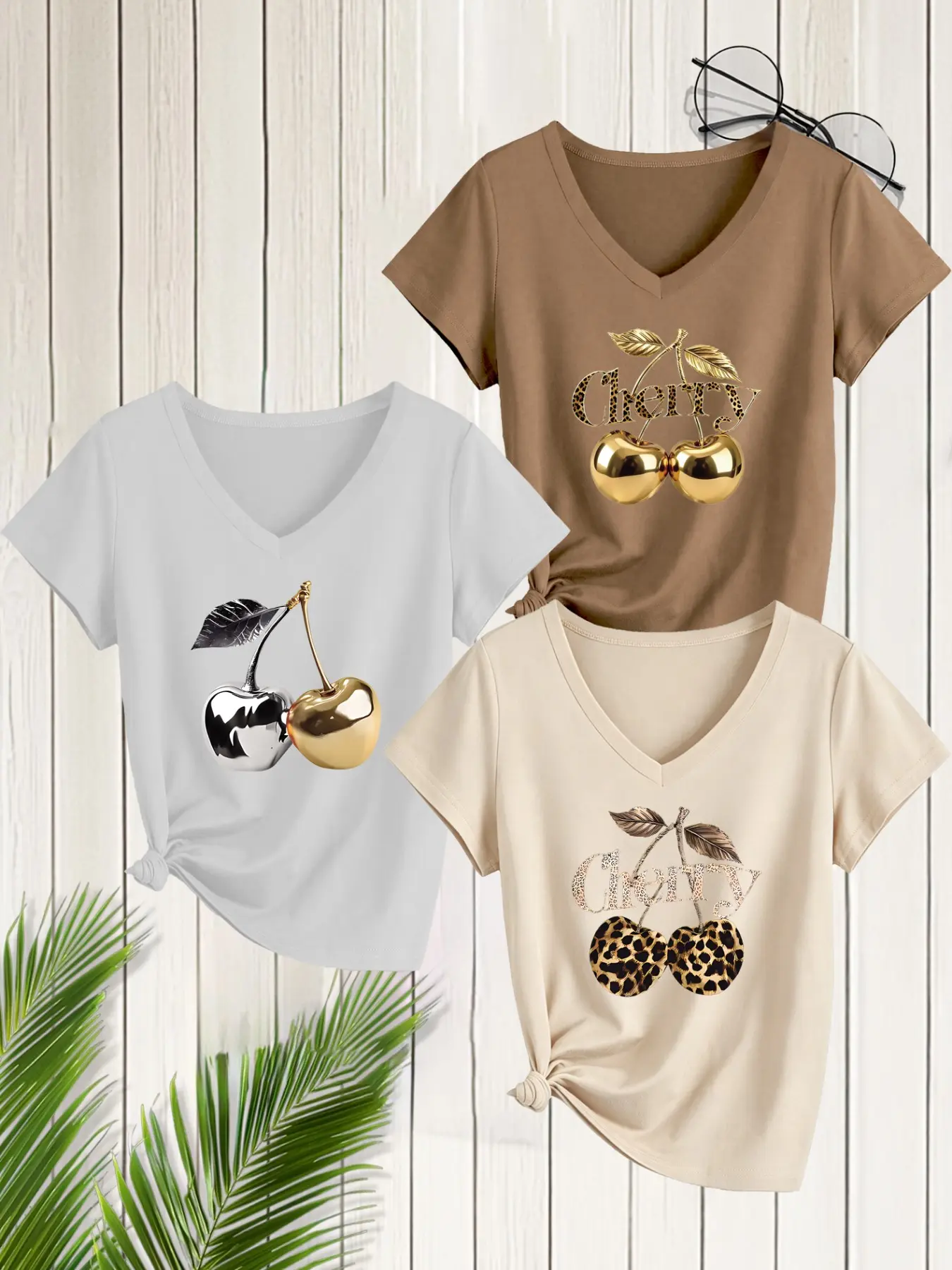 3-Pack Women's Casual V-Neck Short Sleeve T-Shirts, Cherry Print, Slim Fit, Spring Summer Fashion, Daily Wear