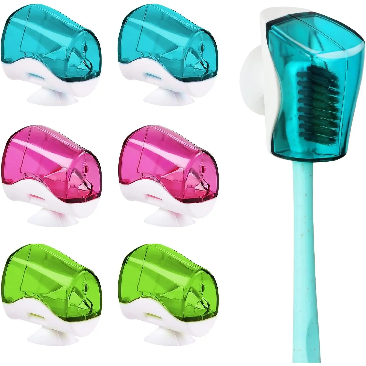 6 Pack Travel Toothbrush Head Covers with Suction Cup Electric and Manual Toothbrush Cover Clip Toothbrush Protector Cap Brush Pod Case for Traveling, Camping,, Home, School