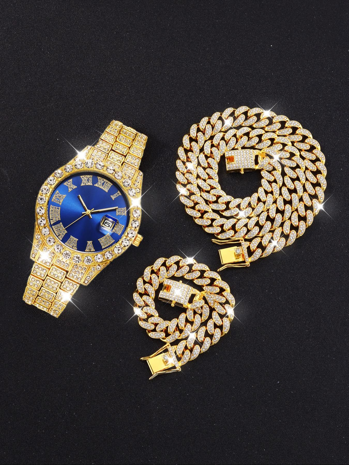 Men's Luxury Rhinestone Decorated Quartz Watch & Jewelry Set, Including Round Dial Watch & Bracelet & Necklace, Fashion Watch Set for Party, Daily Decor