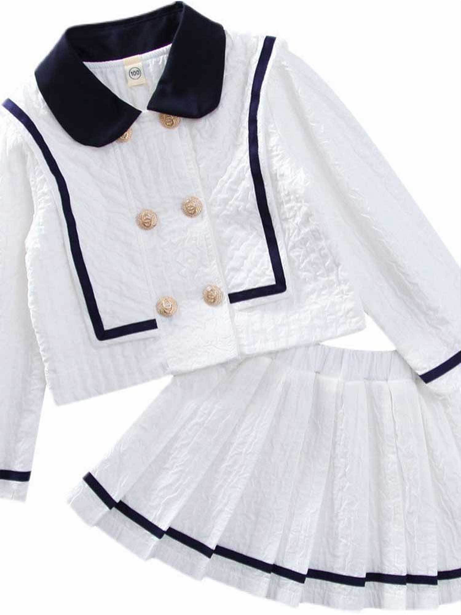 Girls' Exquisite Little Chic Suit Dress |         White Short - Style Golden - Buttoned Coat Matched with Pleated Skirt, Navy Blue Trim, Elegant Temperament, Fashionable and Sweet Two - Piece Set for Little Girls,