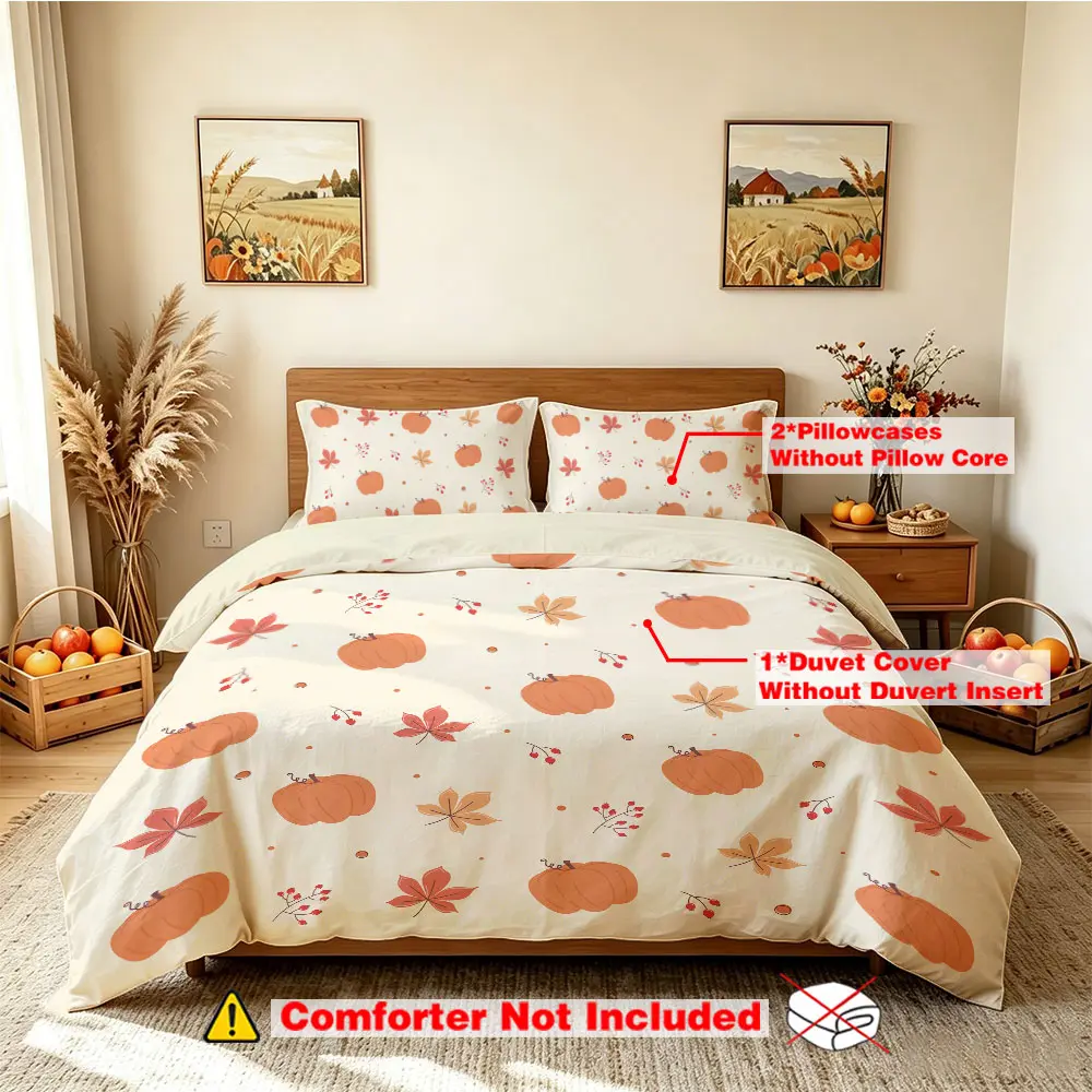 A three-piece bedding set (1 bedspread + 2 pillowcases without inner cores), featuring a pumpkin and maple leaf autumn-themed design, is suitable for use in hotels, dormitories, bedrooms, and other settings, and can also be used as a decoration dur