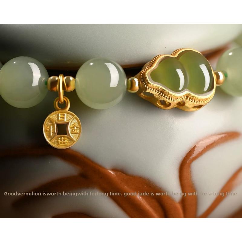 S925 Sterling Silver Hetian Jade Gourd Bracelet for Women Gold Inlaid Jade New Chinese Style National Style Jade Bracelet Light Luxury Exquisite Gift.