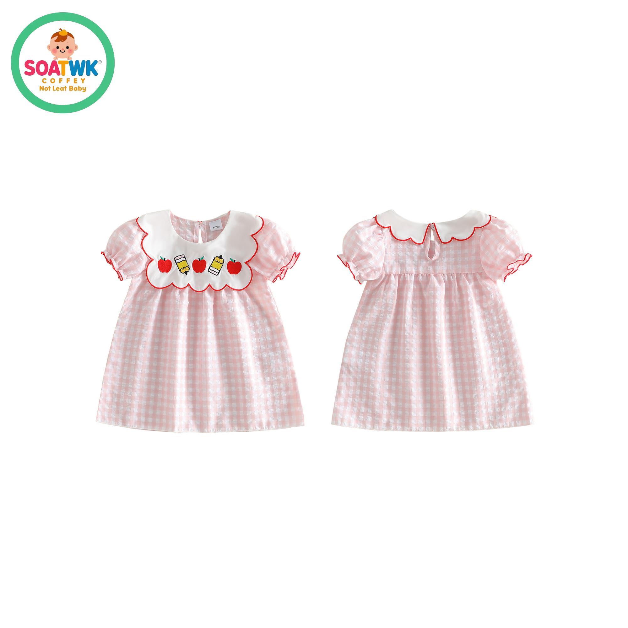 Back to School Dress for Little Girl Puff Short Sleeve Crew Neck Pencil Embroidery Plaid Print A Line Dress