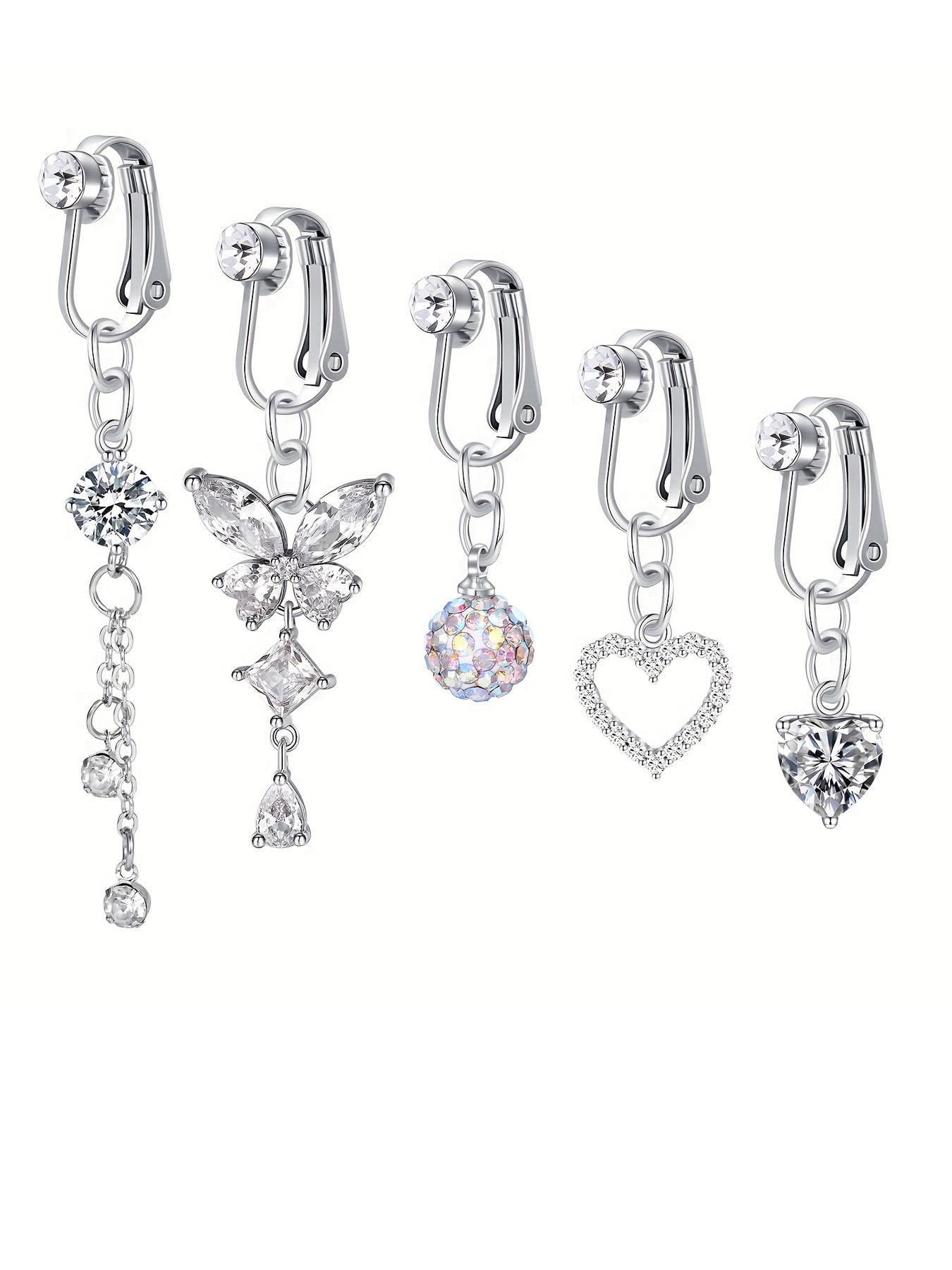 Rhinestone & Butterfly Decor Non-piercing Clip Belly Piercing Belly Button Rings, 5counts Belly Piercing Jewelry for Party, Daily Clothing Decor for Girl, As Birthday Gift for Back To School
