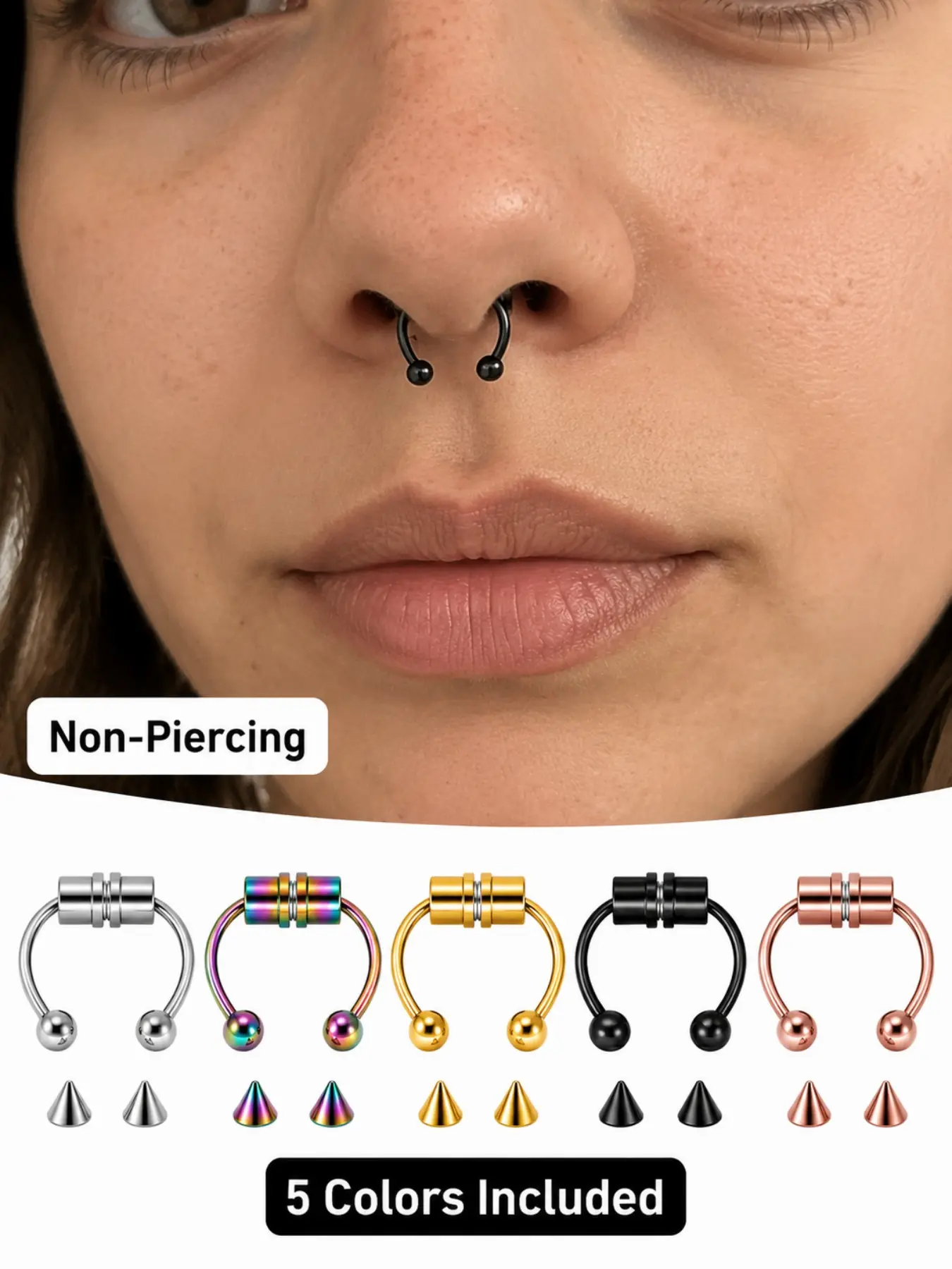 Non-Piercing Septum Ring - Try the Style Before Piercing - Removable Ball and Cone Ends - Non Piercing Jewelry