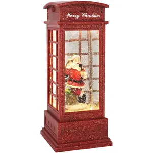 Christmas Snow Globe Lantern Phone Booth, Swirling Water Glittering Battery Operated Festicval Ornament with Timer for Christmas Tabletop Centerpiece Home Decoration(Phone Booth)