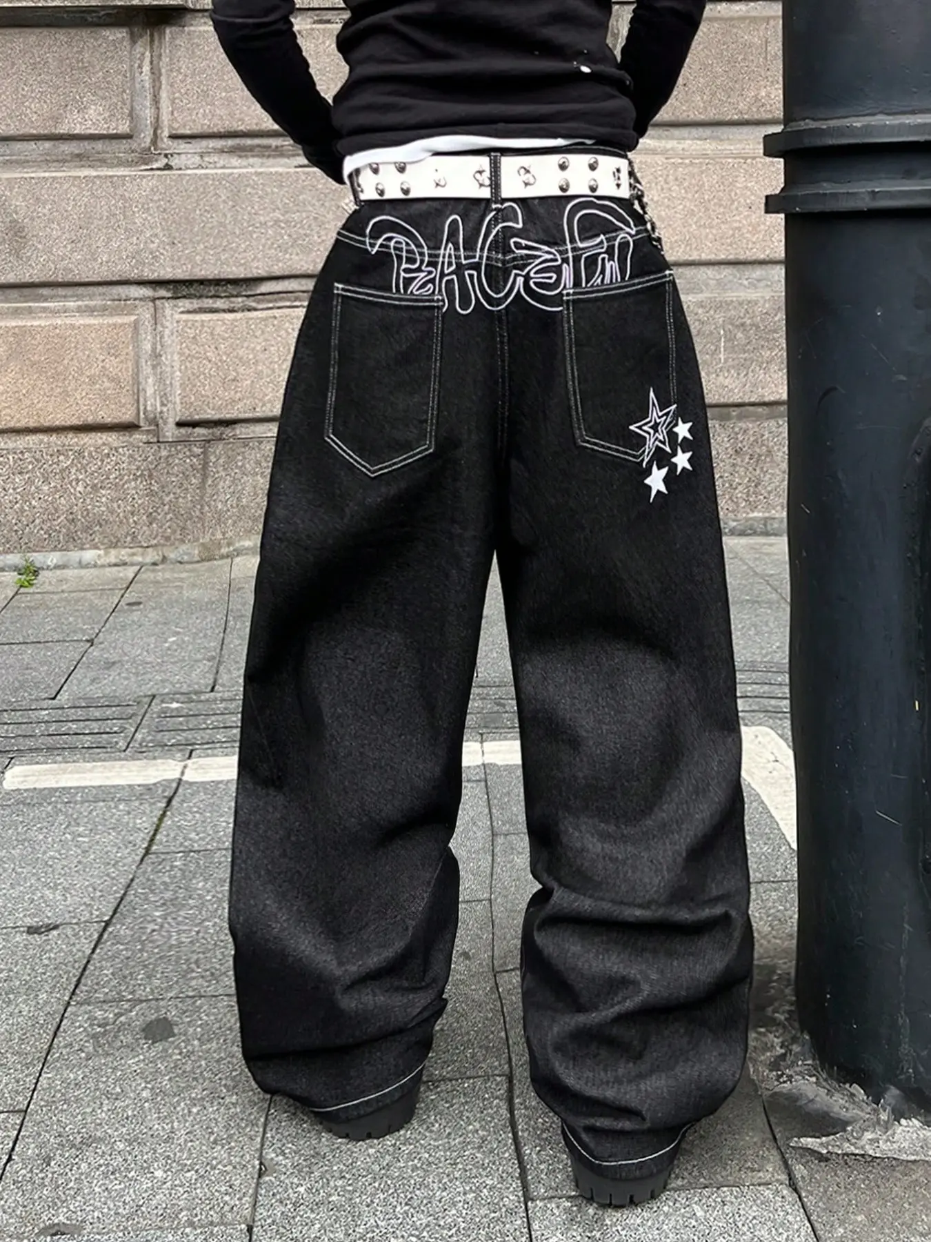 Men's Denim Jeans, Block Star Letter Embroidery Pockets Straight Leg Wide Leg Jeans, Y2K Street Fashion Loose Long Pants