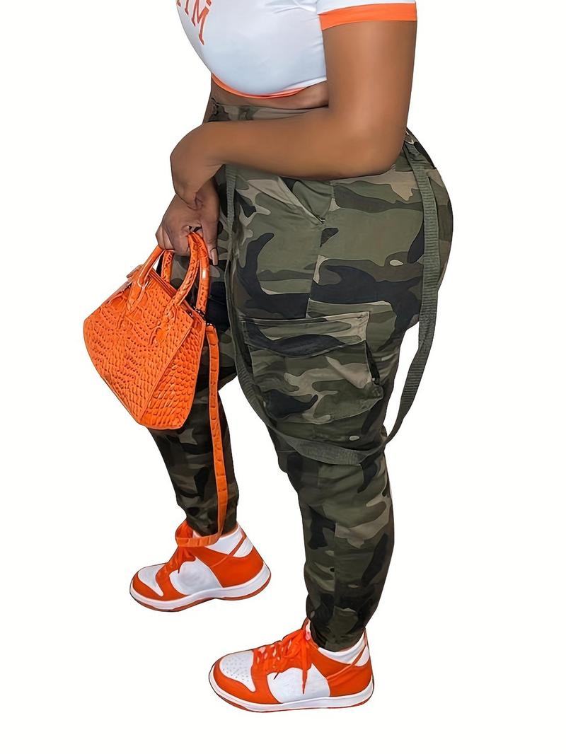 Women's Print Flap Pocket Cargo Pants, Casual Chic Trousers, Casual Streetwear Button Trousers for Daily Wear, Ladies Bottoms for All Seasons