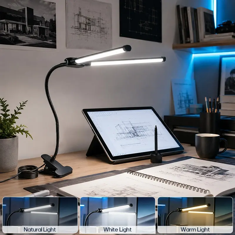 3-Color LED Desk Lamp with Clamp, USB Dual Head, Adjustable Brightness, Adjustable Light, Eye-Caring, Ideal for Office, Home, Reading, Studying