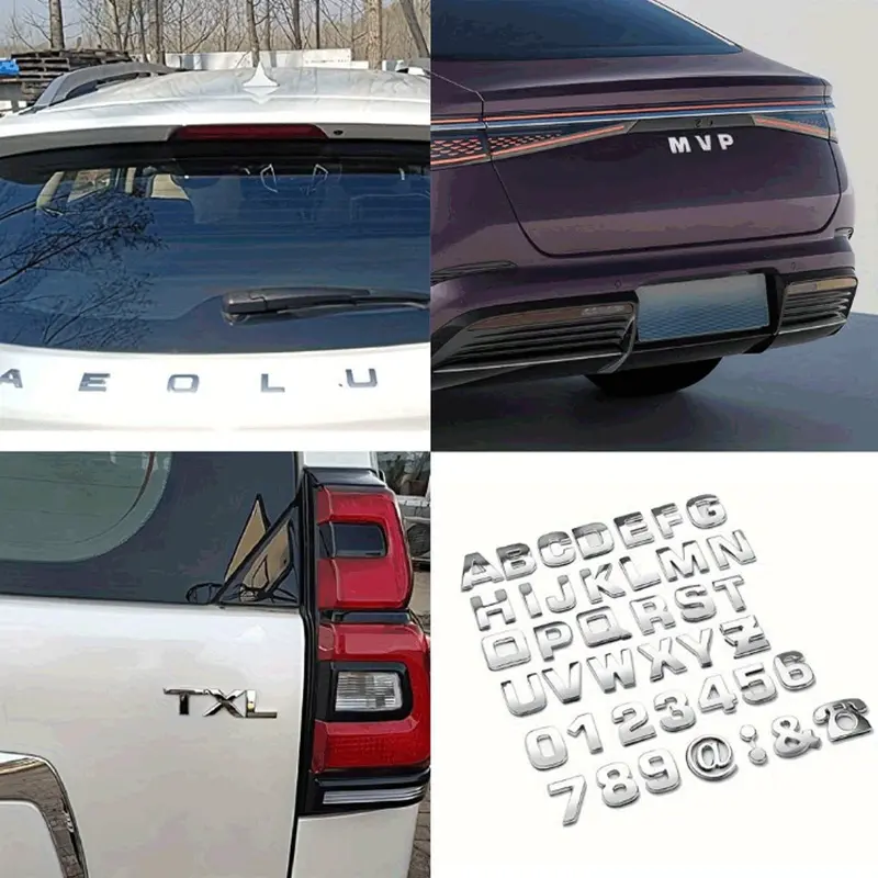 40-pack of car badge alphanumeric stickers. DIY 3D chrome-plated numerals and symbols. Ideal for decorating car sides, trunks, and walls outdoors. Also suitable as car accessories.
