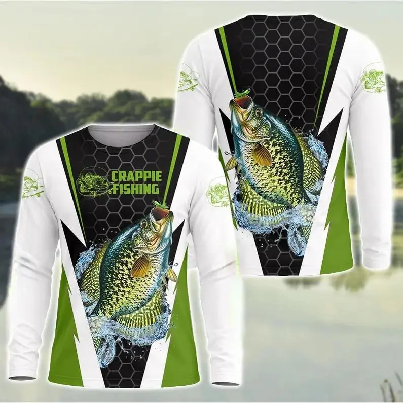 Crappie Fishing USA Patriotic 3D Graphic Long Sleeve Jersey Tee, Soft Casual Outdoor Apparel, Practical Holiday Gift For Dedicated Anglers