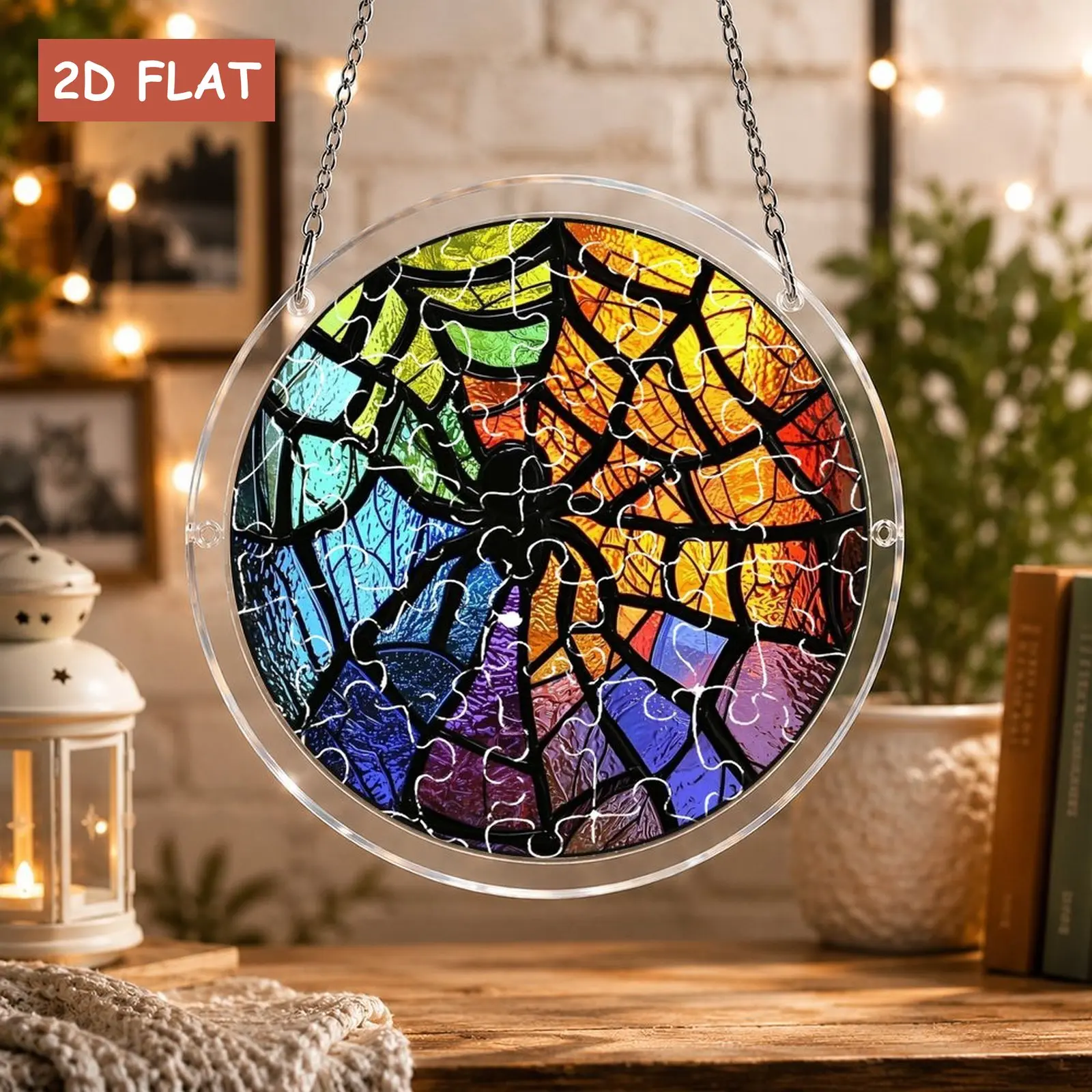 Rainbow Spider Web Acrylic Puzzle Suncatcher, Stained Glass style Spider Window Hanging Light Catcher Ornament, Gothic Halloween Wall Decor Gift for Spooky Lovers, 7.87 inch