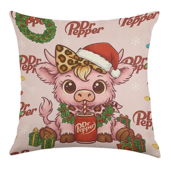 Dr Pepper Pink Highland Cow Christmas Throw Pillow Cover Linen Material Single-sided Printing No Inserts Included for Home Couch Sofa Living Room 2025 Decor