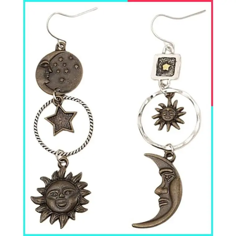 Retro Sun Moon Asymmetric Earrings & Necklace Set, Boho Moonstone Jewelry for Women