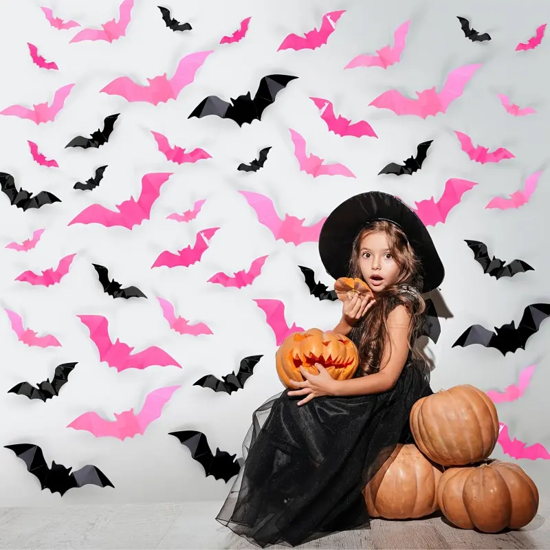 64PCS Halloween 3D Bat Wall Stickers Removable Black Bat Decorative Decals for Doors Windows Horror Party Decorations Haunted House Props 3D Simulation Wall Decorations