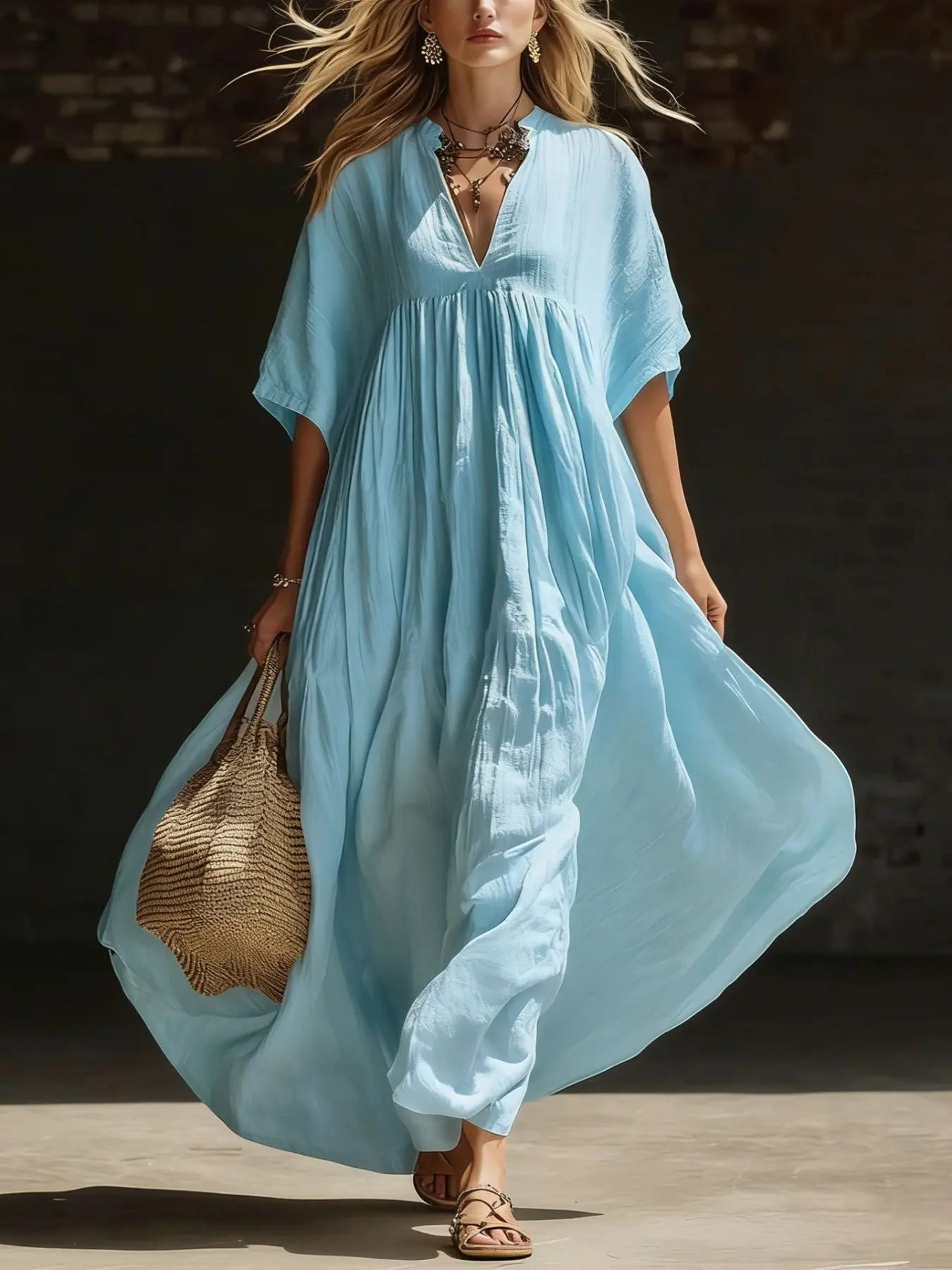 Women’s Boho Maxi Dress, Flowy Loose Fit Caftan Dress, Lightweight Beach Vacation for Summer, Stylish and Comfortable