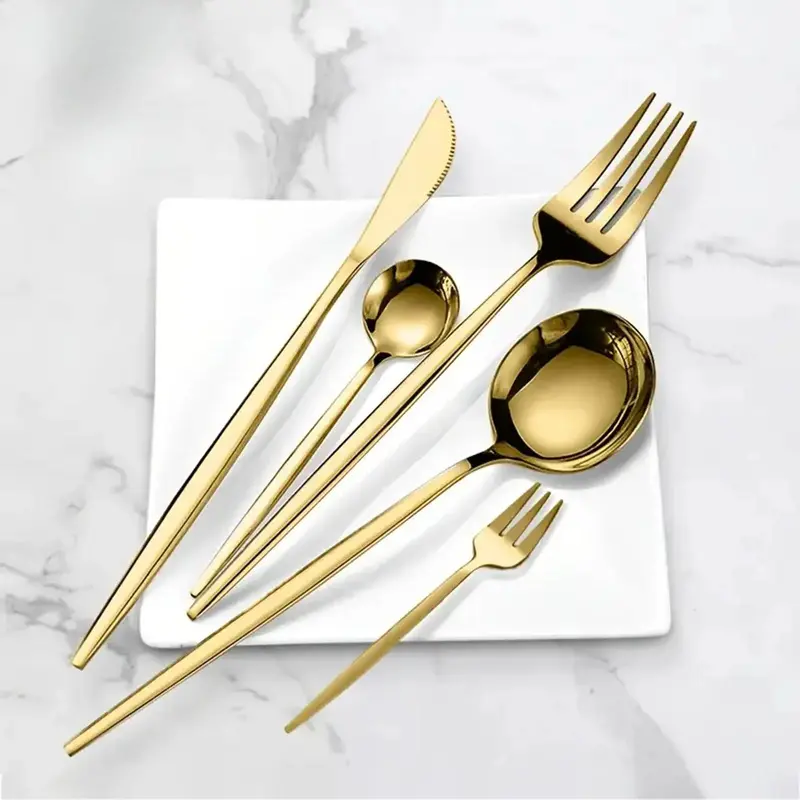 1 Set (5pcs) Stainless Steel Gold Cutlery Set, Mirror-Polished Flatware with Dinner Knives, Spoons, Forks, Teaspoons & Tea Forks, Durable & Dishwasher Safe