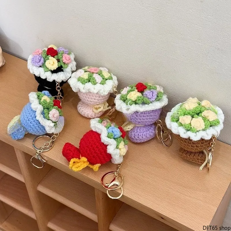 Hand Knitted Soft Yarn Mini Bouquet Pendant Fixed Alloy Split Key Ring Light Fluffy Texture Compact Cute Silhouette For Couples Best Friends Handbag Purse Daily Casual Portable Romantic Floral Themed Mini Gift Decorative Bag Charm, Keychain, Gifts For Gir