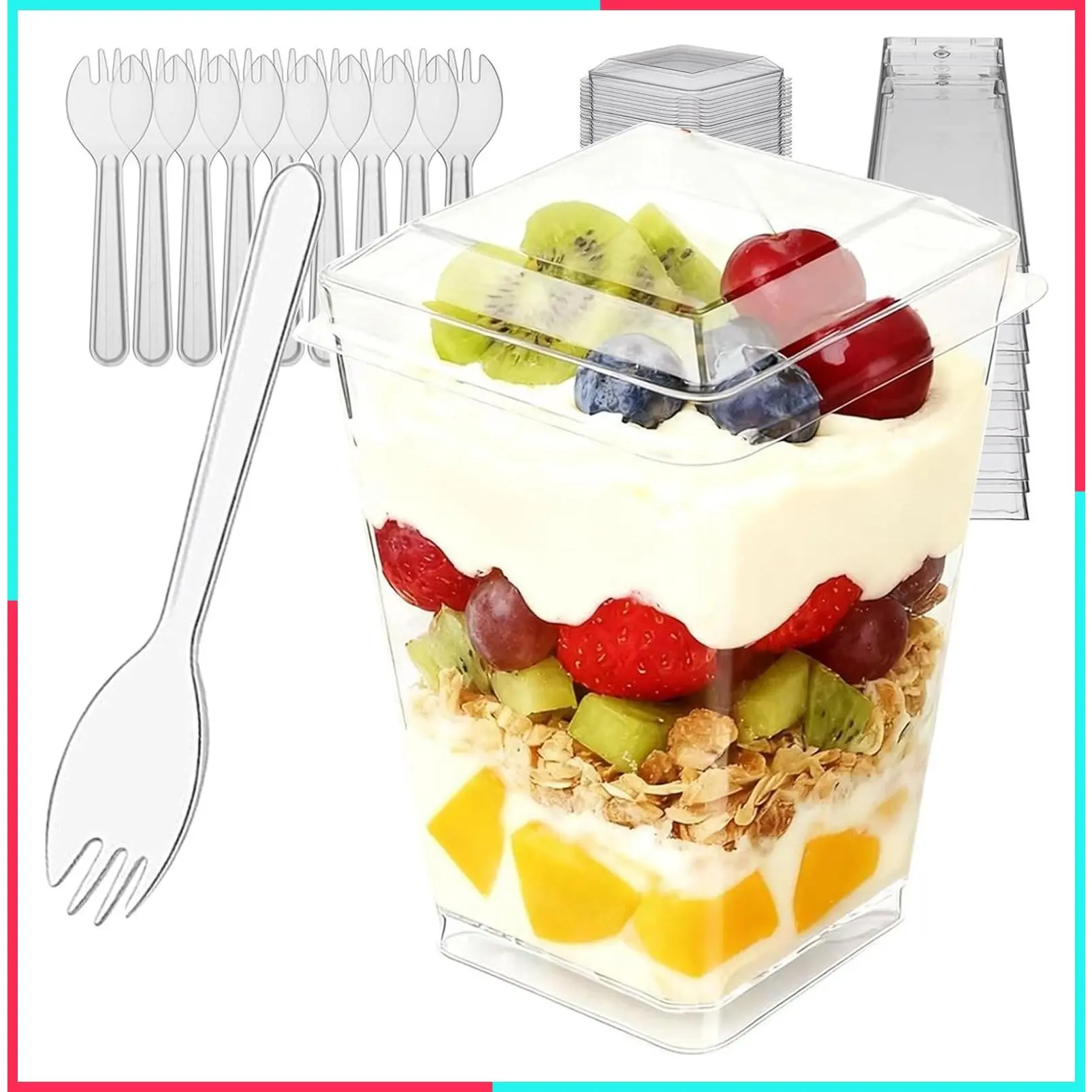 300 Pack (100 Sets) 5.4oz Clear Square Dessert Cups with Lids and Spoons, Reusable Mini Parfait Cups for Party Appetizer, Christmas