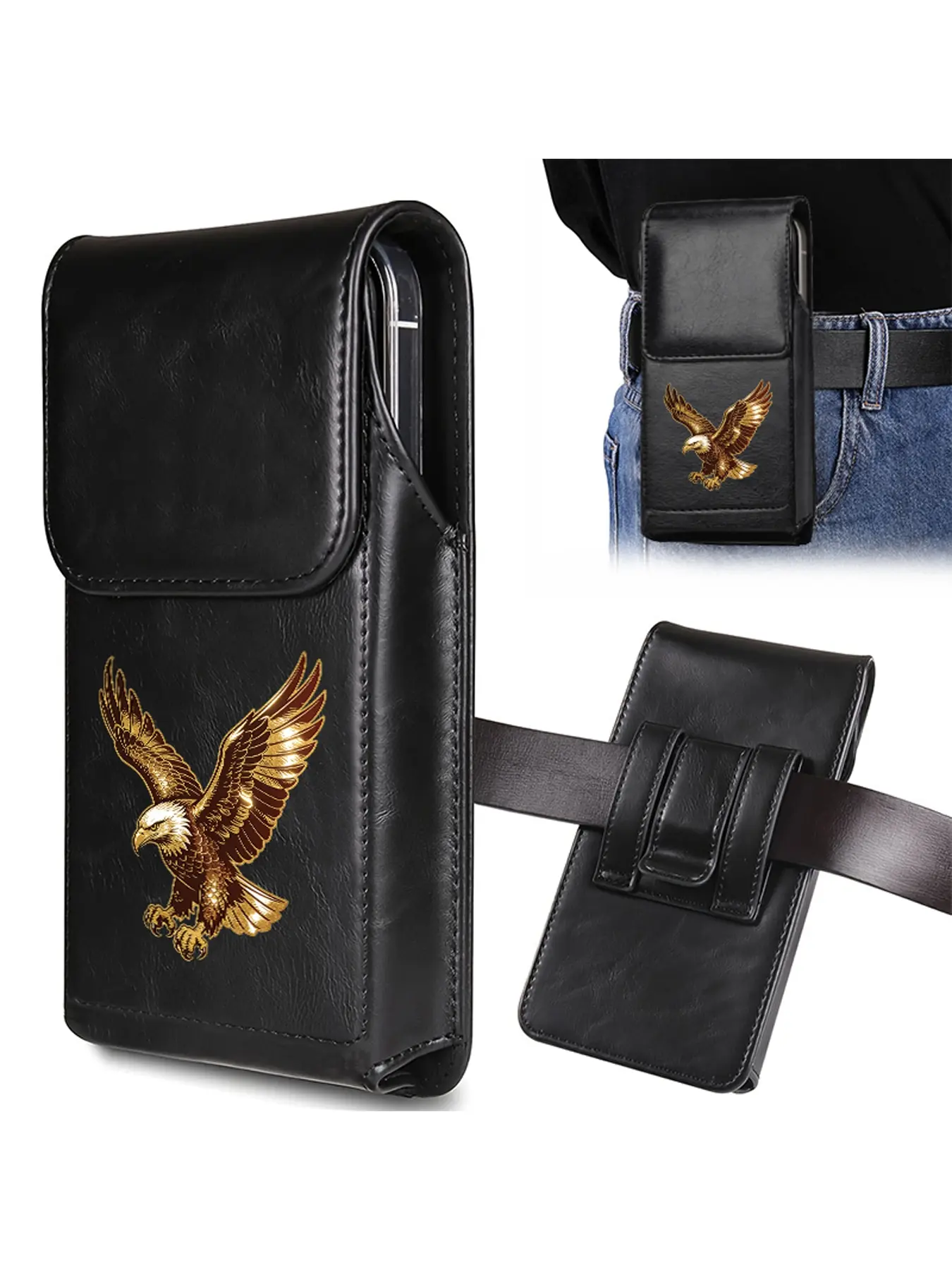 A unique and eye-catching men's waist bag decorated with a golden feather eagle spreading its wings and flying pattern, perfect for fashionable trendsetters. Compatible with multiple phone models, it is a perfect birthday/Halloween/Christmas gift