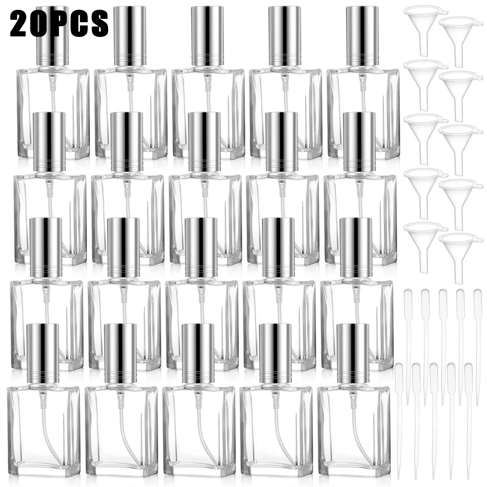 20-Pack 15ML Transparent Glass Spray Bottles, Portable Square Empty Perfume Sprayers, Reusable Fragrance Bottles with 10 Droppers and 10 Funnels