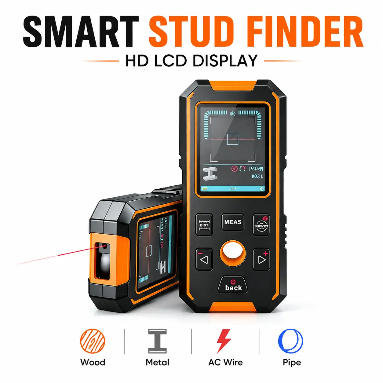Rechargeable Wall Detector Tool with 5 Detection Modes, 40M Laser Range Finder, Electronic Stud Sensor with LCD Screen for Wood, Metal, Wire & Pipe Finding