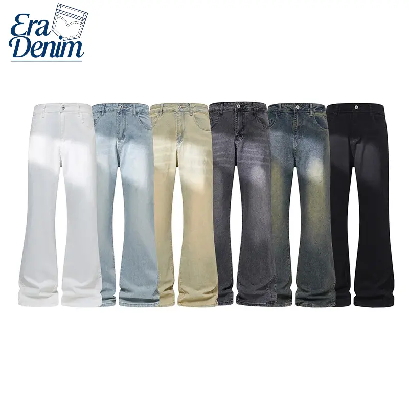 Retro Ombre Washed Distressed Bootcut Denim Jeans for Men, Hip Hop Oversized Loose Flare Stacked Casual Streetwear Trousers