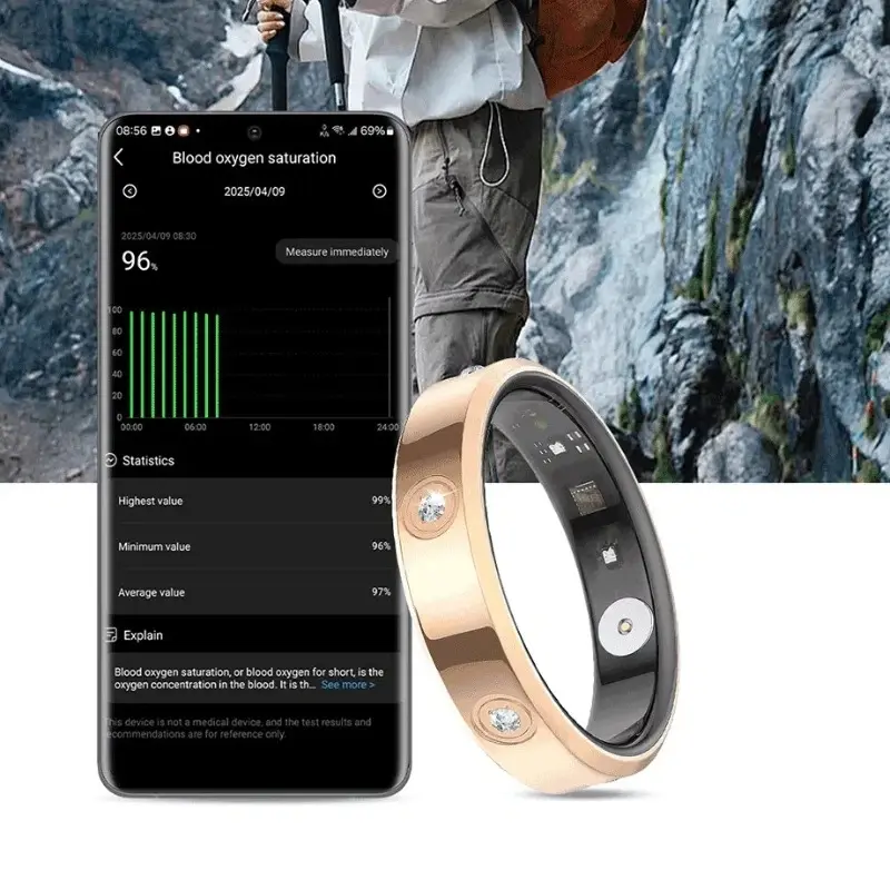 Stainless Steel Round Smart Ring, Multi-Size Health Monitor for Men and Women, Super Narrow Waterproof Wearable Device with Heart Rate & Stress Measurement, Round Ring  Gold Smart Sleep and Fitness Ring
