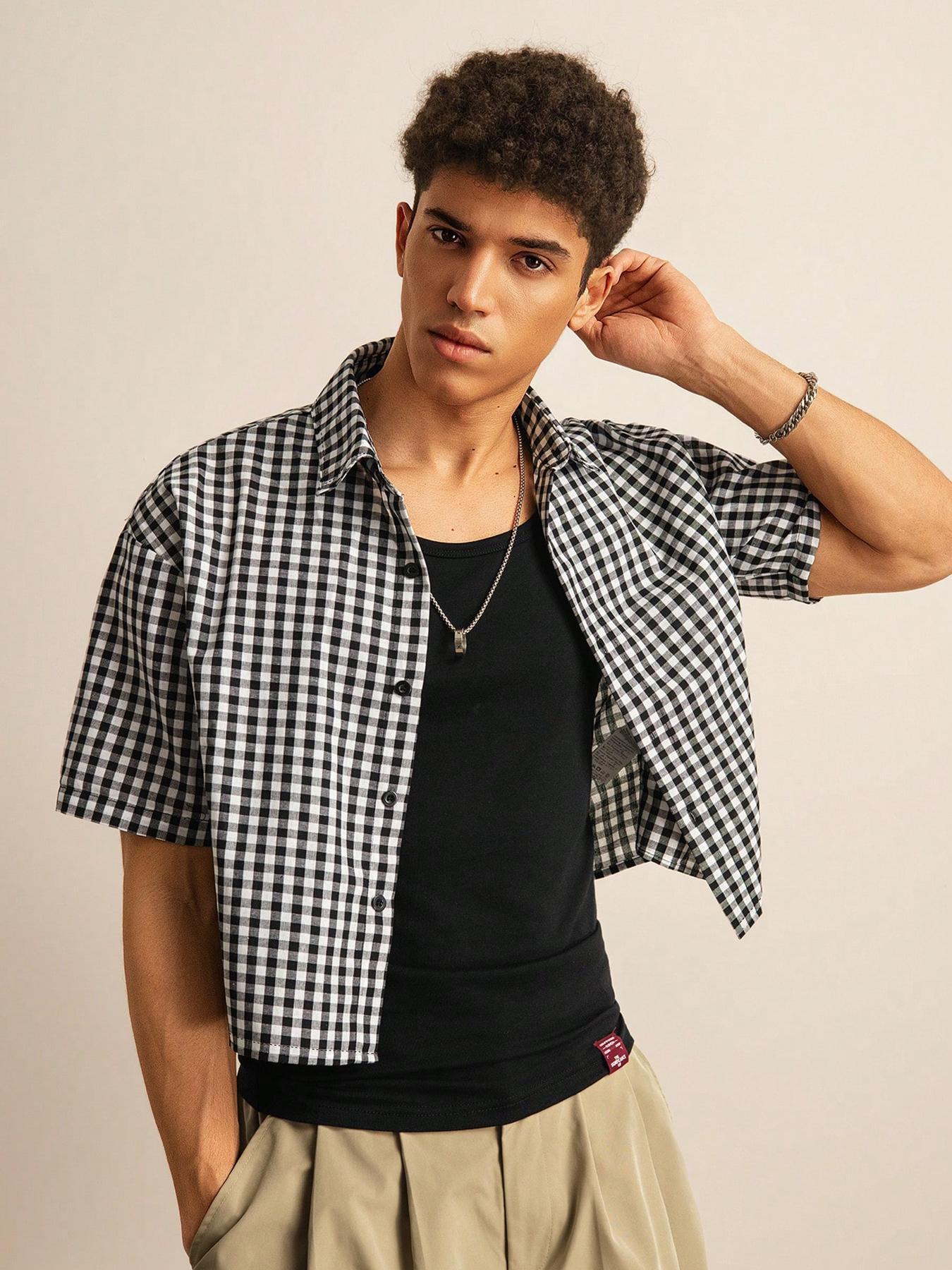 Men's Regular Fit Gingham Print Short Sleeve Shirt, Casual Half Sleeve Comfy Top for Fall, Men's Clothes for Daily Wear
