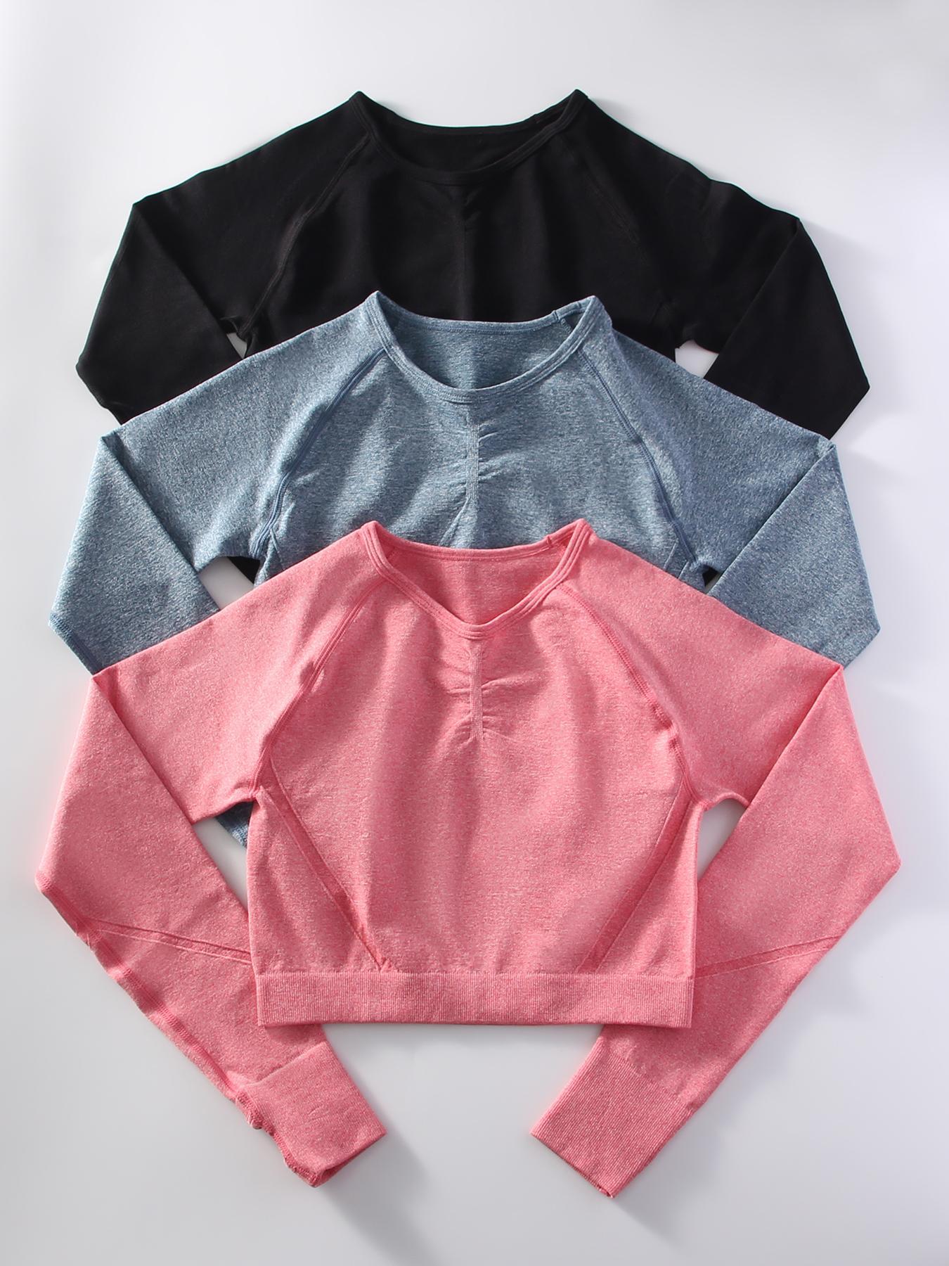 Women's Solid Raglan Sleeve Crop Sports Tee, Sporty Breathable Comfortable Round Neck Long Sleeve T-shirt for Yoga Gym Workout, Ladies Sportswear for Spring & Fall, Athletic Yoga Tops