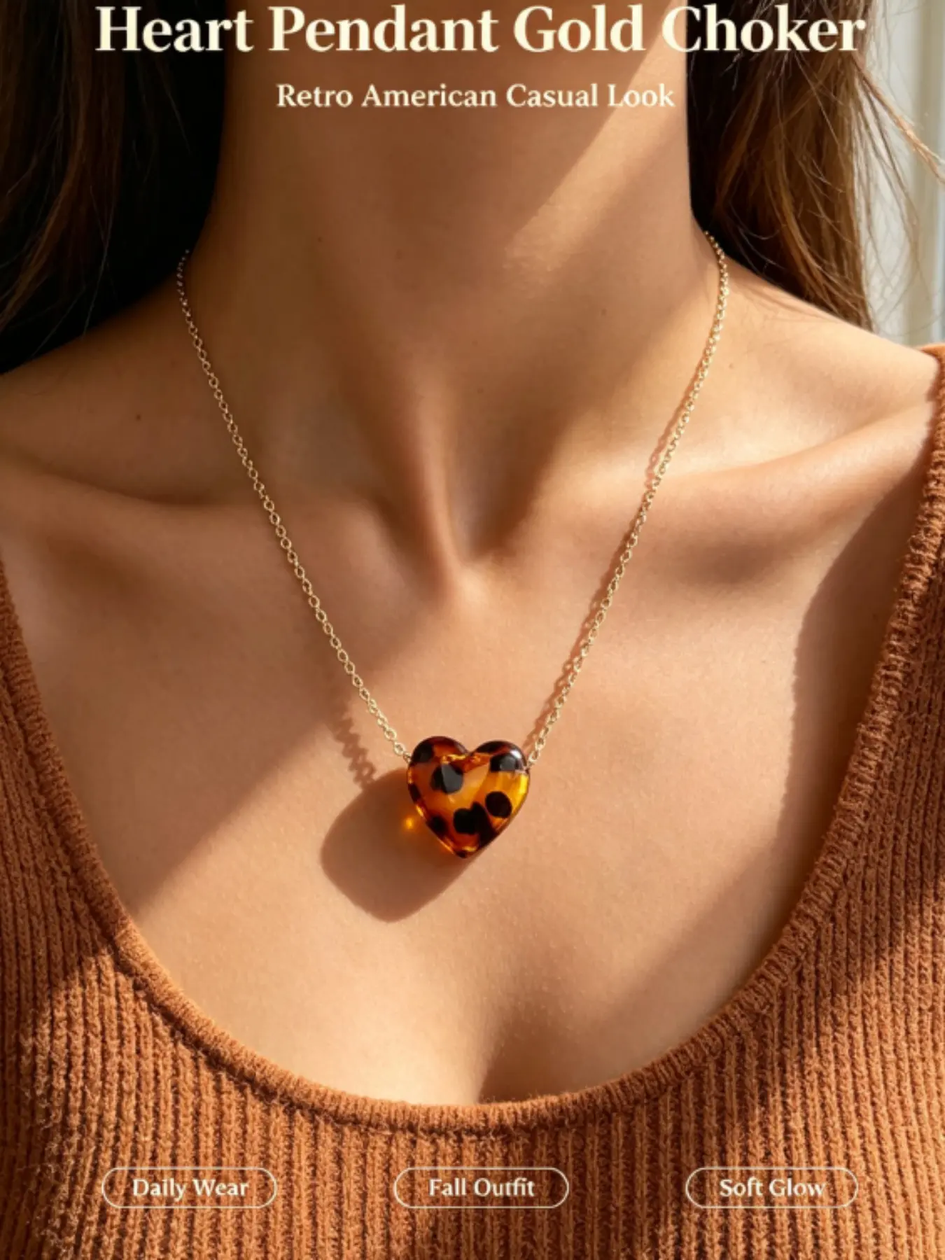 Tortoiseshell Heart Pendant Necklace for Women, Vintage American Thin Gold Chain, Unique Amber Color Neckpiece, Perfect for Any Occasion, Gift Idea🎁