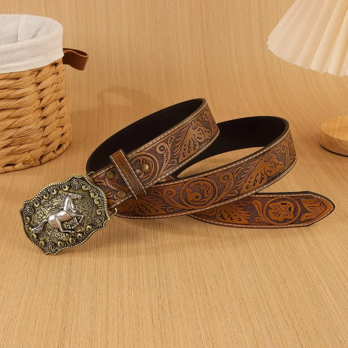 Women's Vintage Western Belt with Floral Embossing and Western Style Horse Buckle, a Trendy Everyday Accessory for Jeans, Western Buckle Style