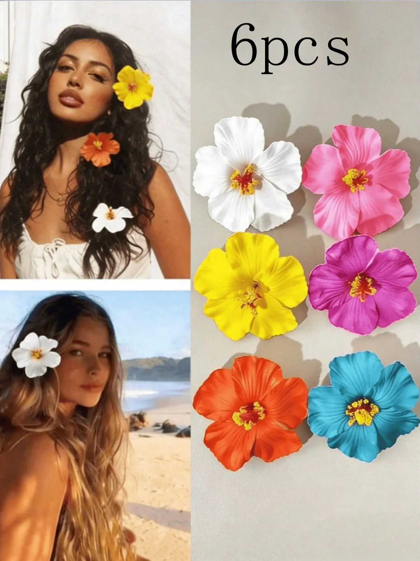 6pcs Multi-Size Hawaiian Flower Hair Clips, Aesthetic Plumeria Hair Pins for Summer, Elegant Floral Accessories for Beach Photoshoot & Vacation, Tropical Hair Accessories