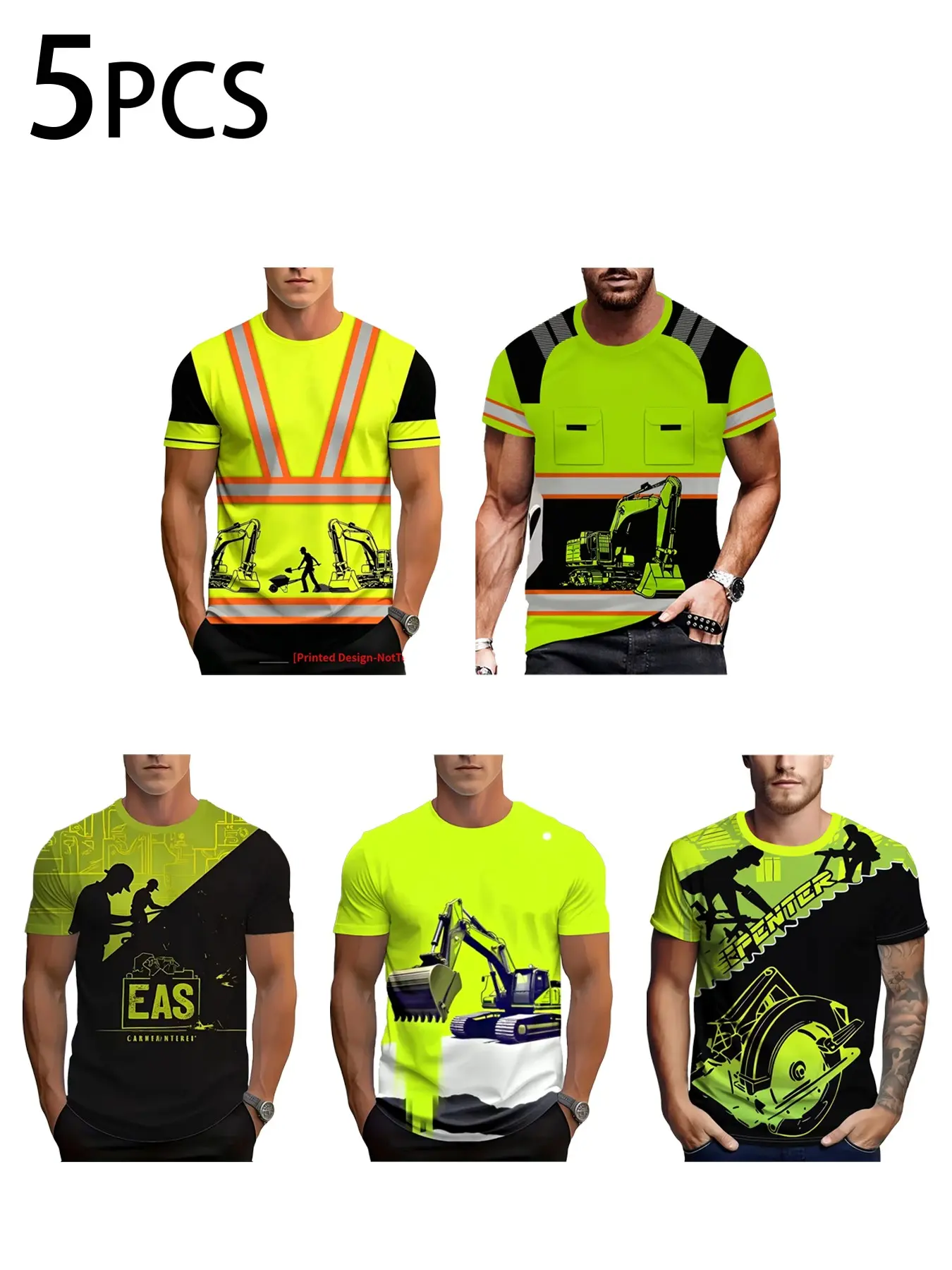 5-Pack Men's Excavator Print Short Sleeve T-Shirts, High Visibility Reflective Print, Loose-Fit Casual Workwear, Round Neck