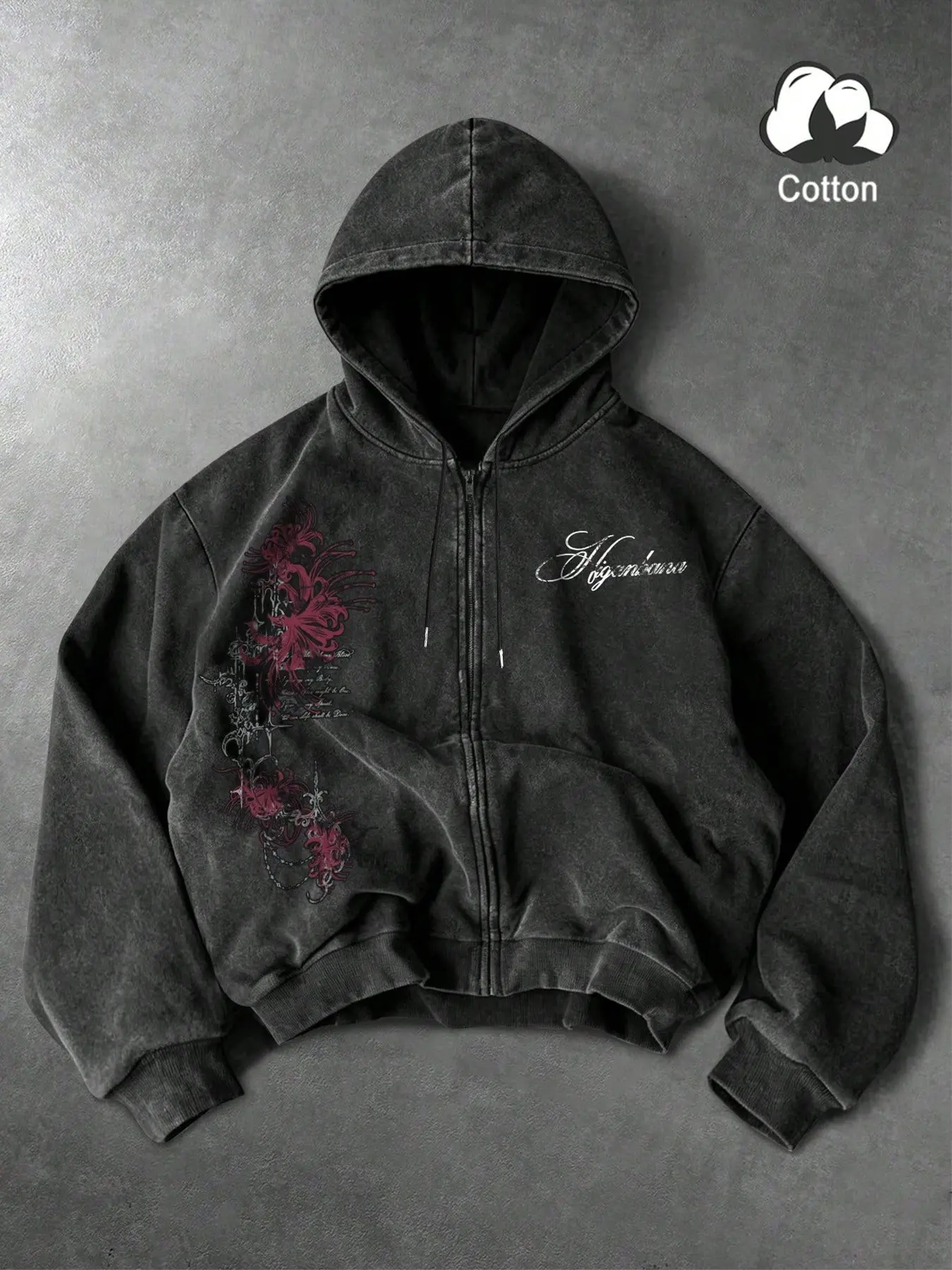 Vintage Washed Gothic Style Hoodie with Zipper and Hood, Men's Loose Relaxed Cotton Outerwear, Unique Spider Lily Art Print Y2K Retro High Street Casual Jacket