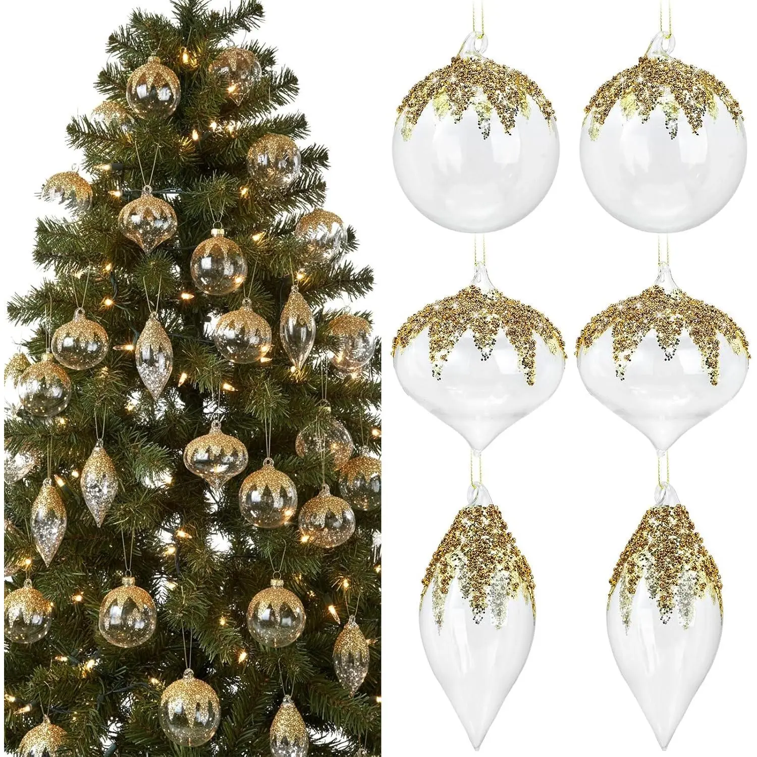 12 count Clear Christmas Glass Ball Ornaments  Sequined Glitter Ball Christmas Tree Decorations  Xmas Glass Baubles for Holiday Xmas Tree Wedding Party Decor