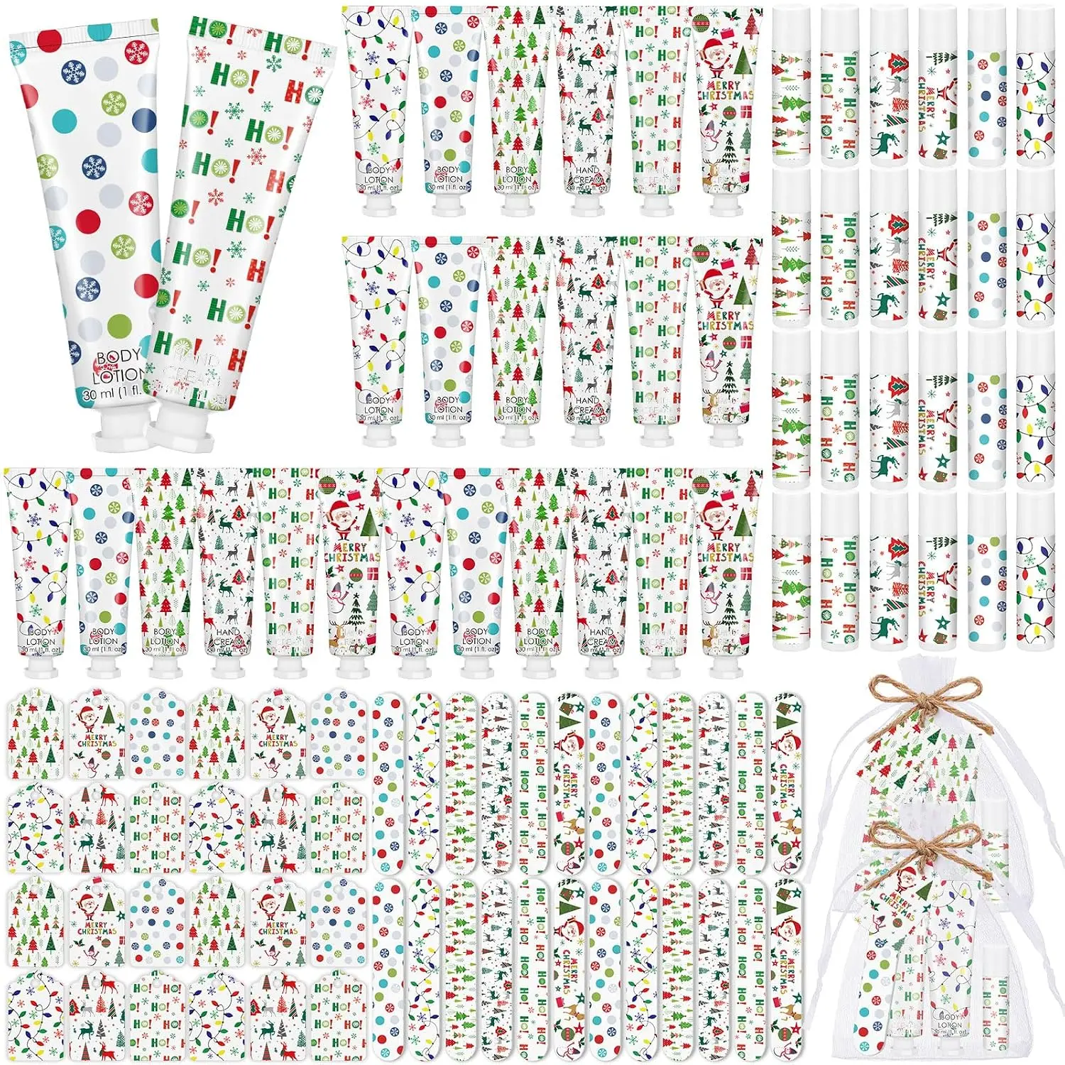 24 Sets/144 Pcs Christmas Party Favors Christmas Hand Cream  Lotion Lip Balm  File Gifts Set Xmas Stocking Stuffers Travel Size Lotion Bulk Holiday Party Supplies for Coworkers Women Adults